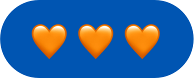 A picture of three shiny, bright orange heart emojis in a row are backed by a blue text message bubble.