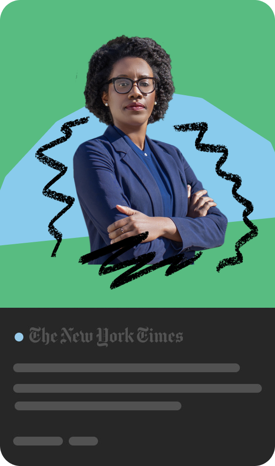 Congresswoman Lauren Underwood standing with her arms crossed while wearing a blue blazer in front of a green and blue background with drawn on black squiggles.